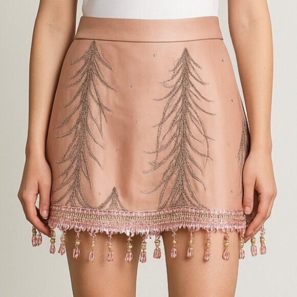 Matthew Williamson Pink Feather Motifs Fringed Skirt Size 8 Small b53 - Picture 1 of 5
